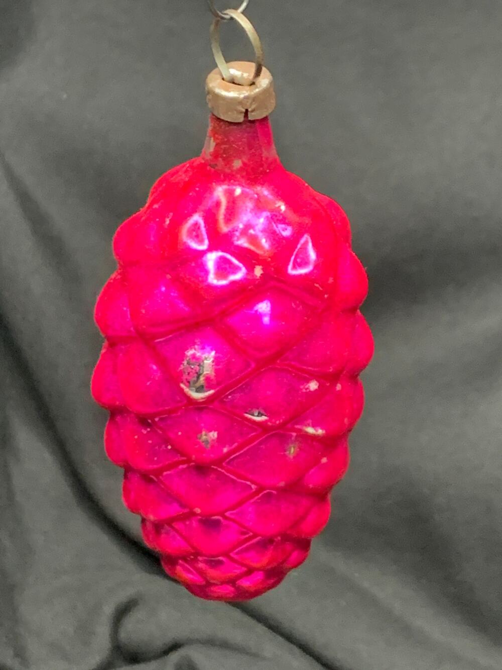 Vintage 1950s Red Pink Glass Pinecone Christmas Ornament Molded MCM